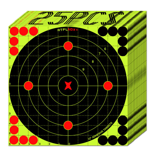 ATFLBOX 12X12 Inch Splatter Adhesive Bullseye Fluorescent Yellow Shooting Target Stickers, Sight in Shooting Range Paper Targets, Rective for Handguns, Rifle, Pistol, Pellet Guns, Airsoft, BB Guns