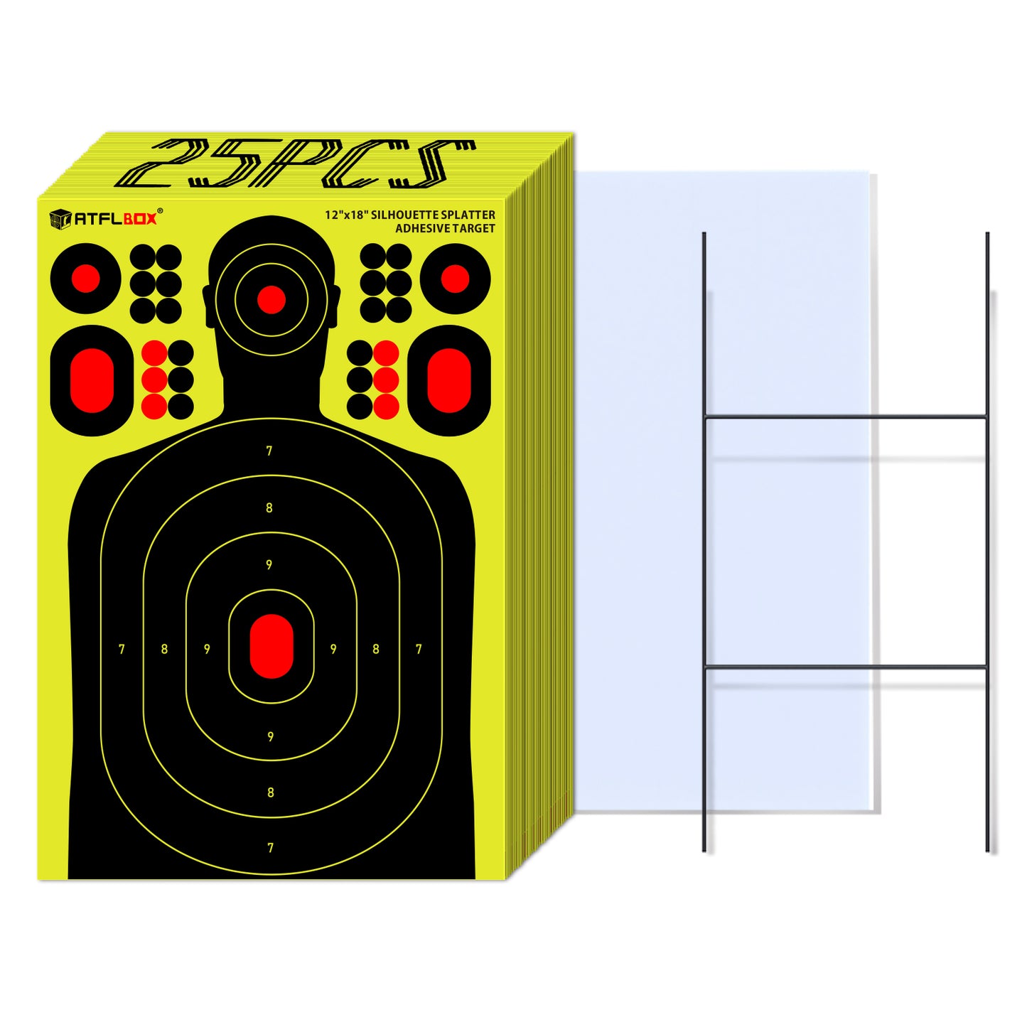 ATFLBOX 25Pack 12x18 inch Silhouette Splatter Targets and Adhesive Target Sticker, Bright Fluorescent Yellow, Easily seen on Impact for Indoor and Outdoor Shooting Range