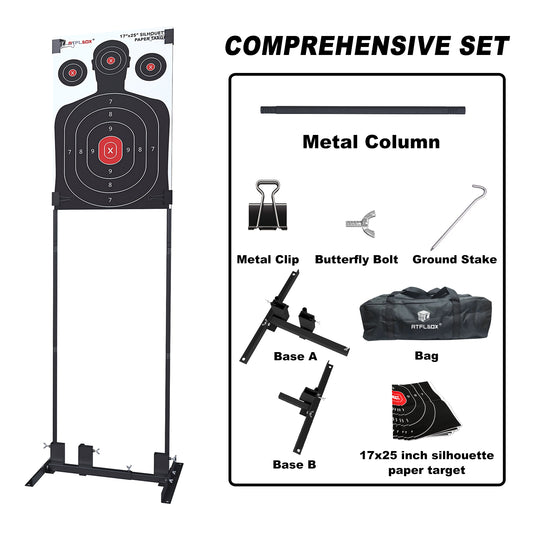 ATFLBOX Shooting Target Stand with 10pcs 17x25 Inch Paper Targets, Durable Paper Target Holder with Stable Adjustable Base for Cardboard Silhouette, H Shape, USPSA/IPSC, IDPA Practice
