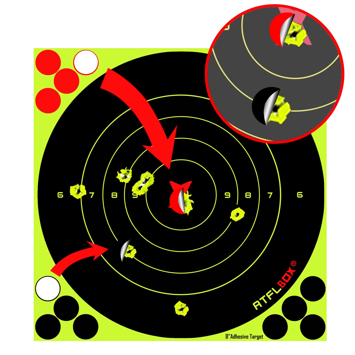 ATFLBOX 8 Inch Splatter Adhesive Bullseye Fluorescent Yellow Shooting Target Stickers, Shooting Outdoor and Indoor Ranges, Rective for Handguns, Rifle, Pistol, Pellet Guns, Airsoft, BB Guns