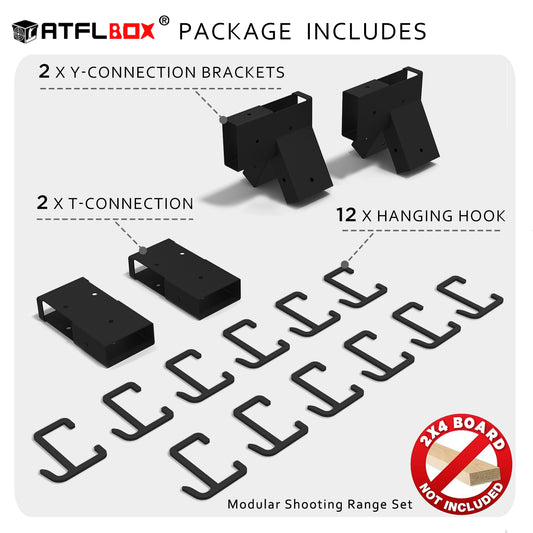 ATFLBOX Heavy Duty 2x4 Steel Target Stand Brackets Set, Y and T Connectors with 12 Hanger Hooks for DIY Shooting Outdoor Range, Modular AR500 Steel Targets Hangers