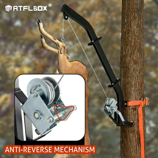 ATFLBOX Tree Mounted Game Hoist for Hunting with Winch and Ratchet Strap, 500LBS Capacity Hunting Deer Hanger, 26FT Steel Cable Heavy Duty Deer Hoist for Skinning, Hanging Deer Feeder Hoist
