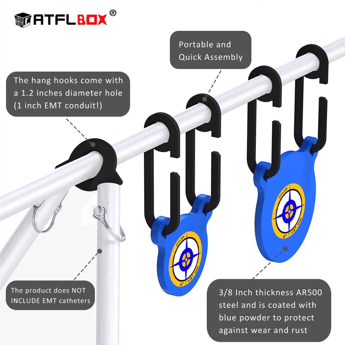 ATFLBOX 3/8'' AR500 Steel Target Combo Set, 4'' 6'' 8'' AR500 Gong Targets, Complete AR500 Steel Kit Fit for 1 Inch OD EMT Conduit
