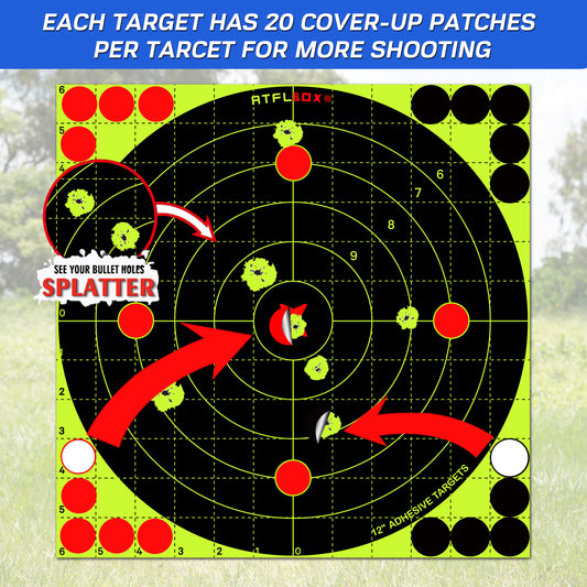 ATFLBOX 12X12 Inch Splatter Adhesive Bullseye Fluorescent Yellow Shooting Target Stickers, Sight in Shooting Range Paper Targets, Rective for Handguns, Rifle, Pistol, Pellet Guns, Airsoft, BB Guns