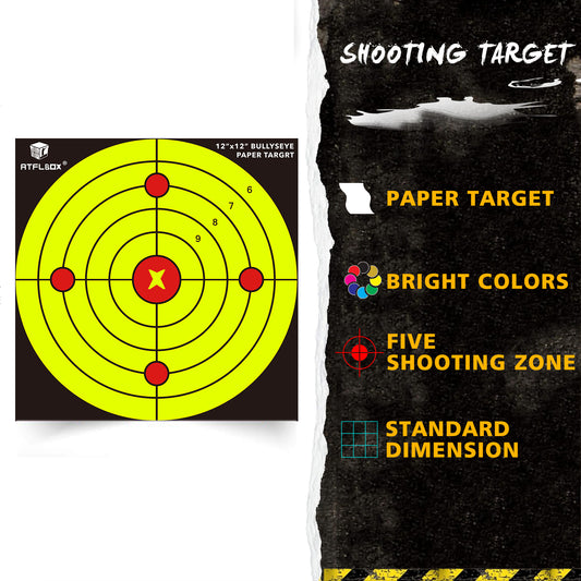 Atflbox Bullseyes Paper Shooting Target for The Range, 12x12 Inch High Visibility Target Paper for Indoor and Outdoor Shooting Practice, Suitable for Handgun, Pistol, Rifle, Airgun, Pellet BB Gun(100PACK)