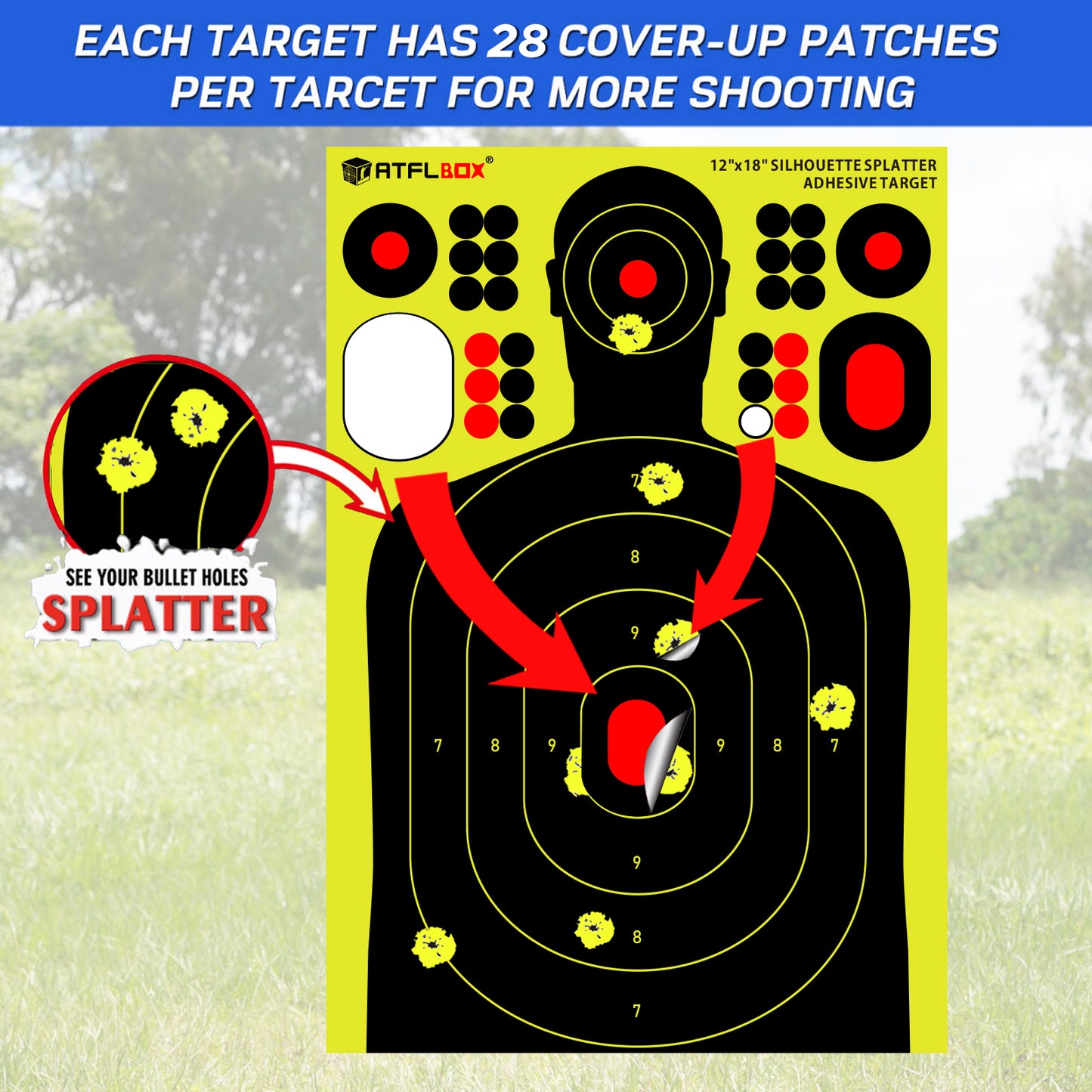 ATFLBOX 50PACK 12x18 inch Silhouette Splatter Targets and Adhesive Target Sticker, Bright Fluorescent Yellow, Easily seen on Impact for Indoor and Outdoor Shooting Range