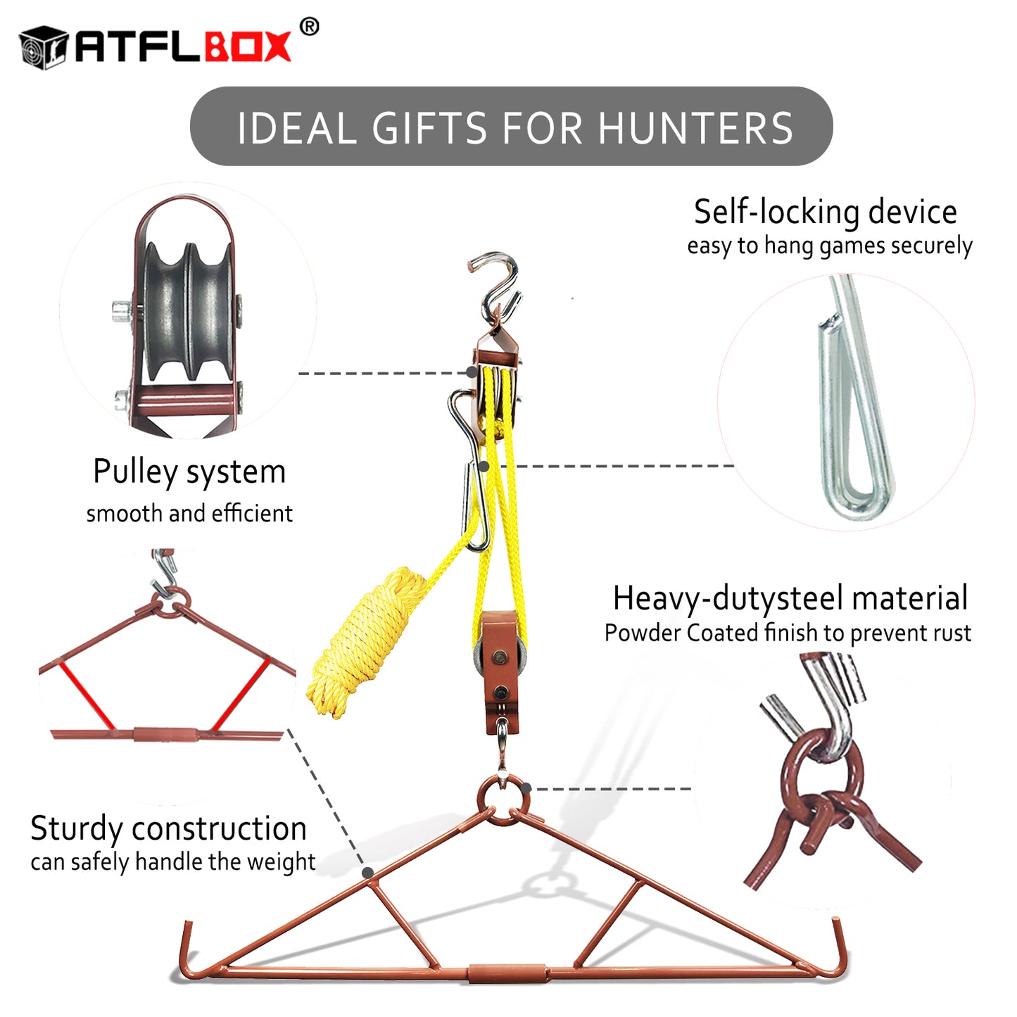 Atflbox Gambrel Game Hoist with 700lb Elk Dual Pulley Hoist Lift System and Capacity Deer Hanger, 1 Pack