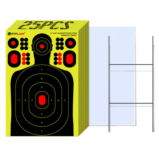 ATFLBOX 25Pack 12x18 inch Silhouette Splatter Targets and Adhesive Target Sticker, Bright Fluorescent Yellow, Easily seen on Impact for Indoor and Outdoor Shooting Range