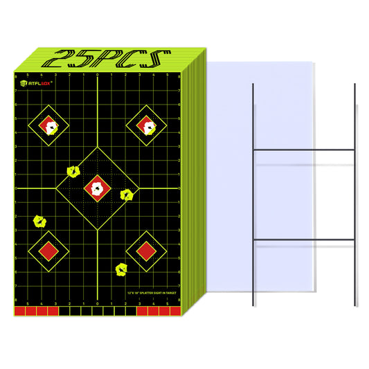 ATFLBOX 12x18 inch Sight in Splatter Paper Target and Adhesive Target Sticker, Two-Color Bright Fluorescent Yellow and White, Easily seen on Impact for Indoor and Outdoor Shooting Range