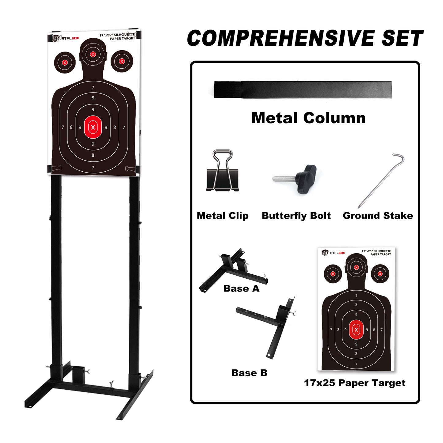 Atflbox Shooting Target Stand with 10pcs 17x25 Inch Paper Targets, Durable Paper Target Holder with Stable Adjustable Base for Cardboard Silhouette, H Shape, USPSA/IPSC, IDPA Practice