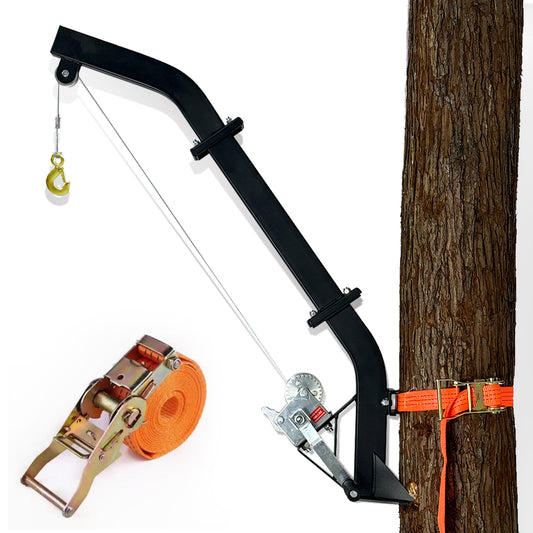 ATFLBOX Tree Mounted Game Hoist for Hunting with Winch and Ratchet Strap, 500LBS Capacity Hunting Deer Hanger, 26FT Steel Cable Heavy Duty Deer Hoist for Skinning, Hanging Deer Feeder Hoist