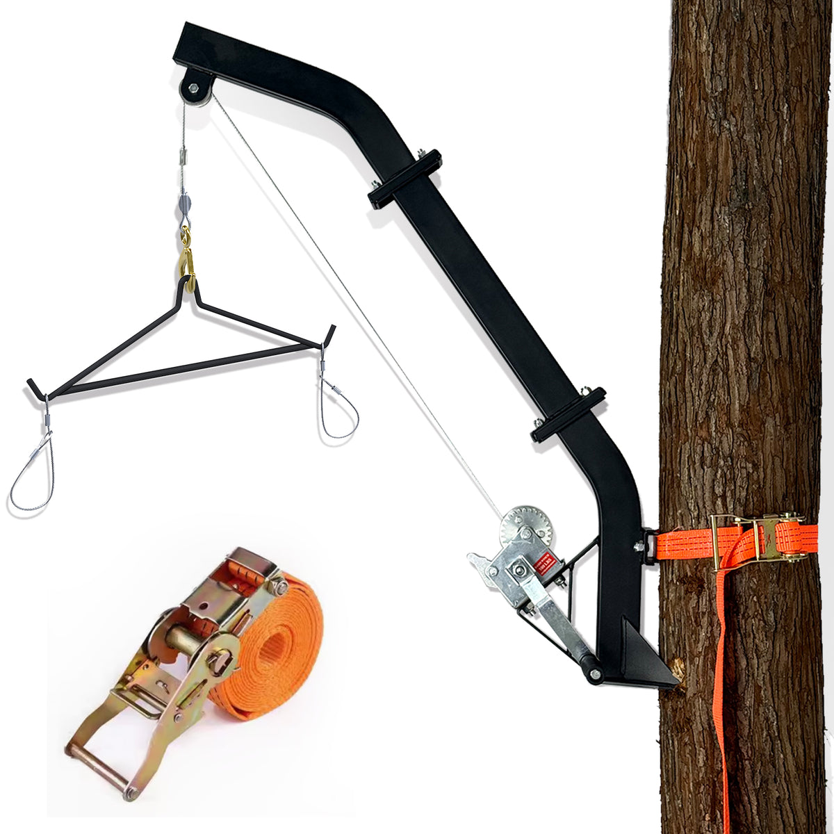 ATFLBOX Tree Mounted Game Hoist for Hunting with Winch and Ratchet Strap, 500LBS Capacity Hunting Deer Hanger, 26FT Steel Cable Heavy Duty Deer Hoist for Skinning, Hanging Deer Feeder Hoist