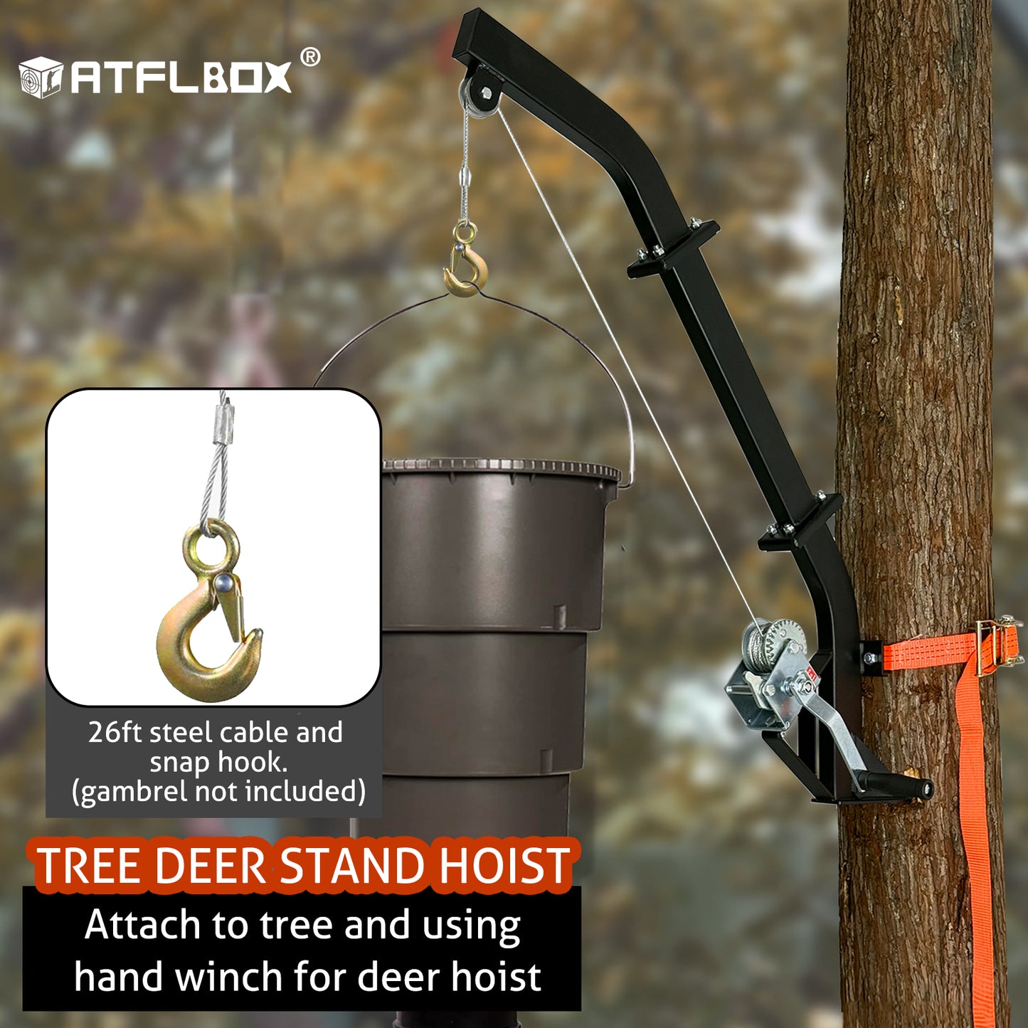 ATFLBOX Tree Mounted Game Hoist for Hunting with Winch and Ratchet Strap, 500LBS Capacity Hunting Deer Hanger, 26FT Steel Cable Heavy Duty Deer Hoist for Skinning, Hanging Deer Feeder Hoist