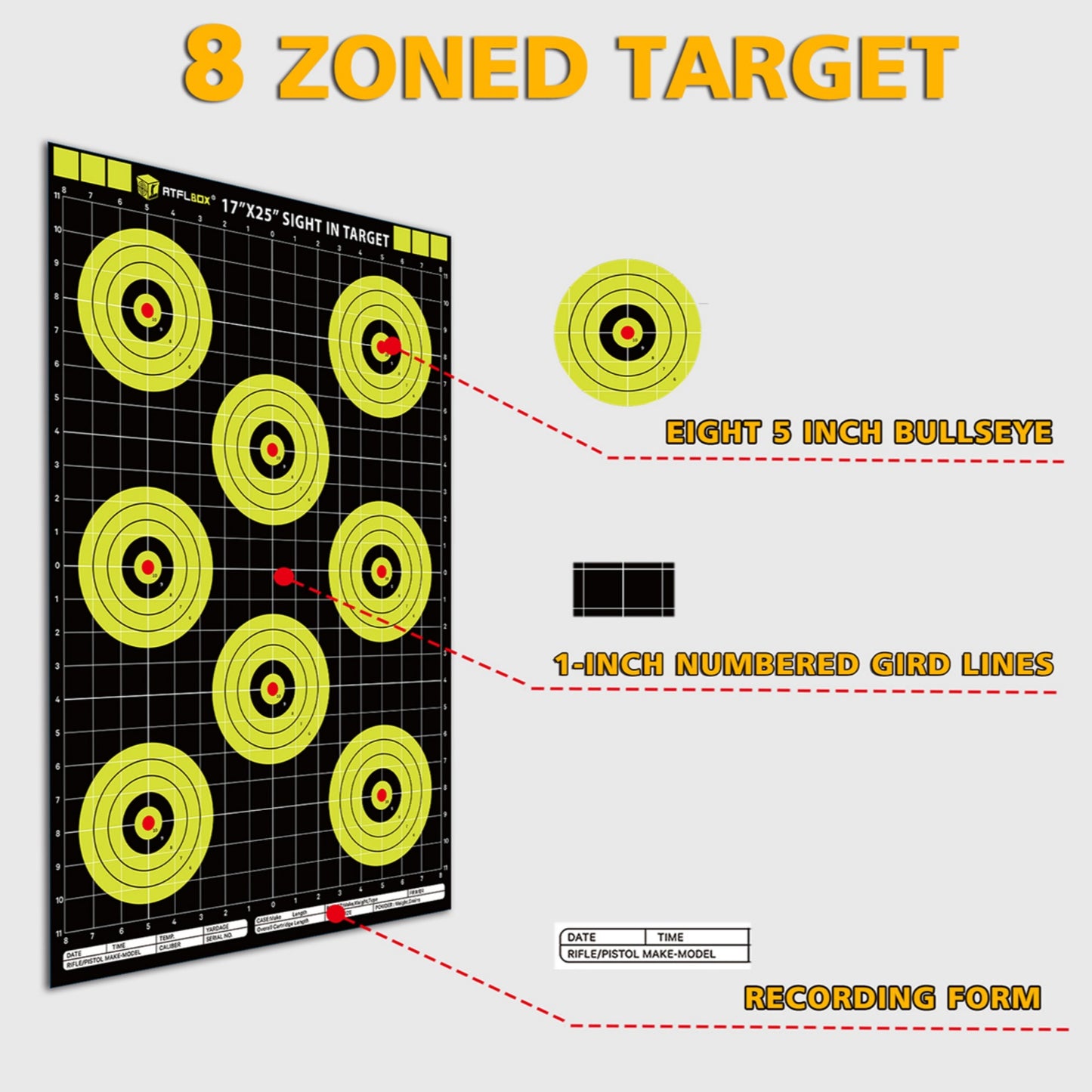 ATFLBOX Sight in Shooting Range Paper Target, 17X25 Inch High Visibility Bullseye Shooting Targets Suitable for Handgun, Rifle, Pellet Gun, Airgun, BB Guns, Airsoft