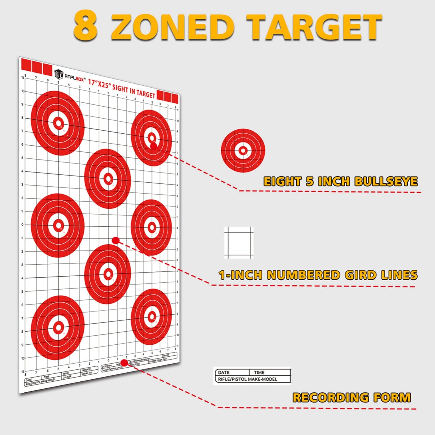 ATFLBOX Sight in Shooting Range Paper Target, 17X25 Inch High Visibility Bullseye Shooting Targets Suitable for Handgun, Rifle, Pellet Gun, Airgun, BB Guns, Airsoft (50pack)