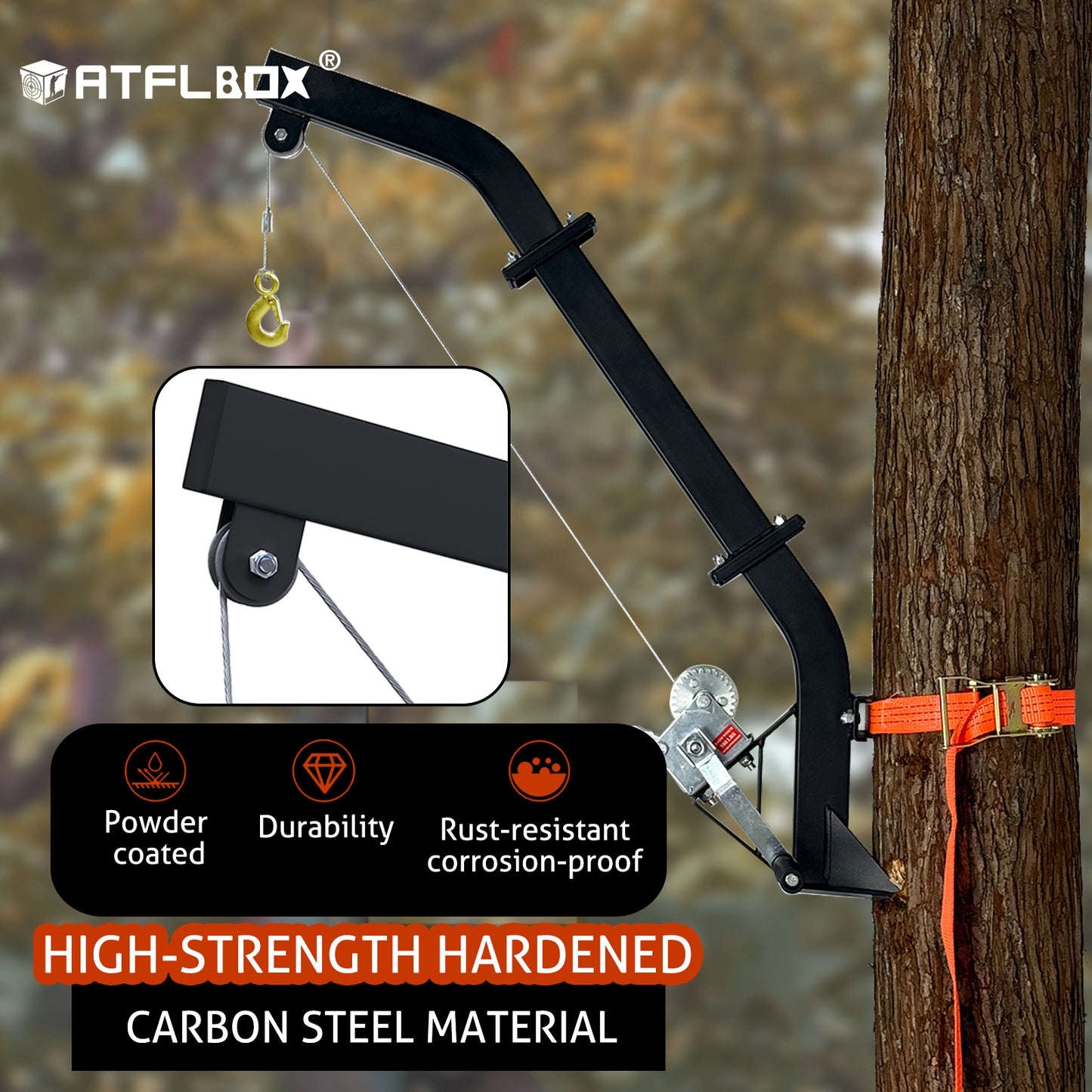 ATFLBOX Tree Mounted Game Hoist for Hunting with Winch and Ratchet Strap, 500LBS Capacity Hunting Deer Hanger, 26FT Steel Cable Heavy Duty Deer Hoist for Skinning, Hanging Deer Feeder Hoist