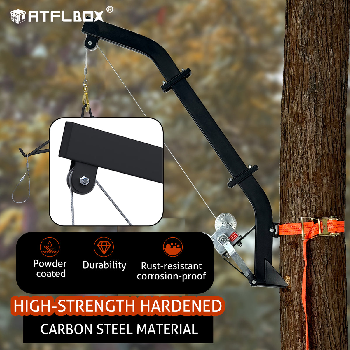 ATFLBOX Tree Mounted Game Hoist for Hunting with Winch and Ratchet Strap, 500LBS Capacity Hunting Deer Hanger, 26FT Steel Cable Heavy Duty Deer Hoist for Skinning, Hanging Deer Feeder Hoist