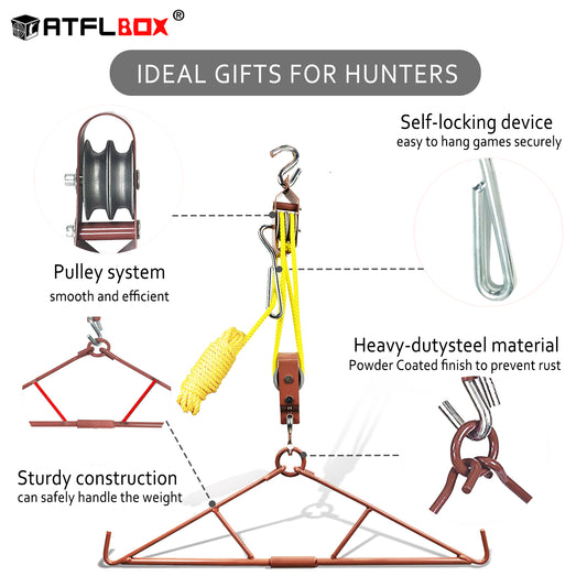Atflbox Gambrel Game Hoist with 700lb  Elk Dual Pulley Hoist Lift System and Capacity Deer Hanger, 1 Pack