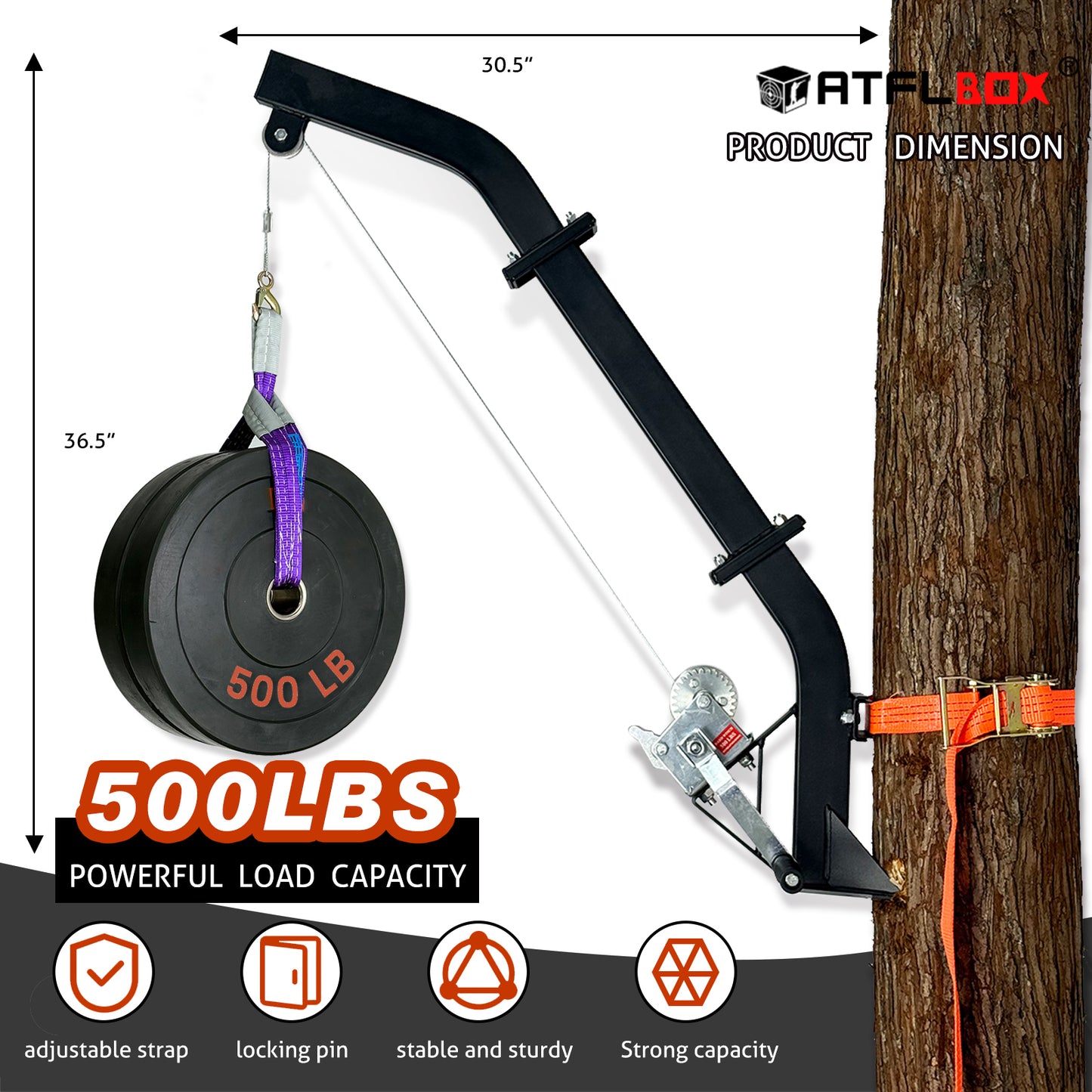 ATFLBOX Tree Mounted Game Hoist for Hunting with Winch and Ratchet Strap, 500LBS Capacity Hunting Deer Hanger, 26FT Steel Cable Heavy Duty Deer Hoist for Skinning, Hanging Deer Feeder Hoist