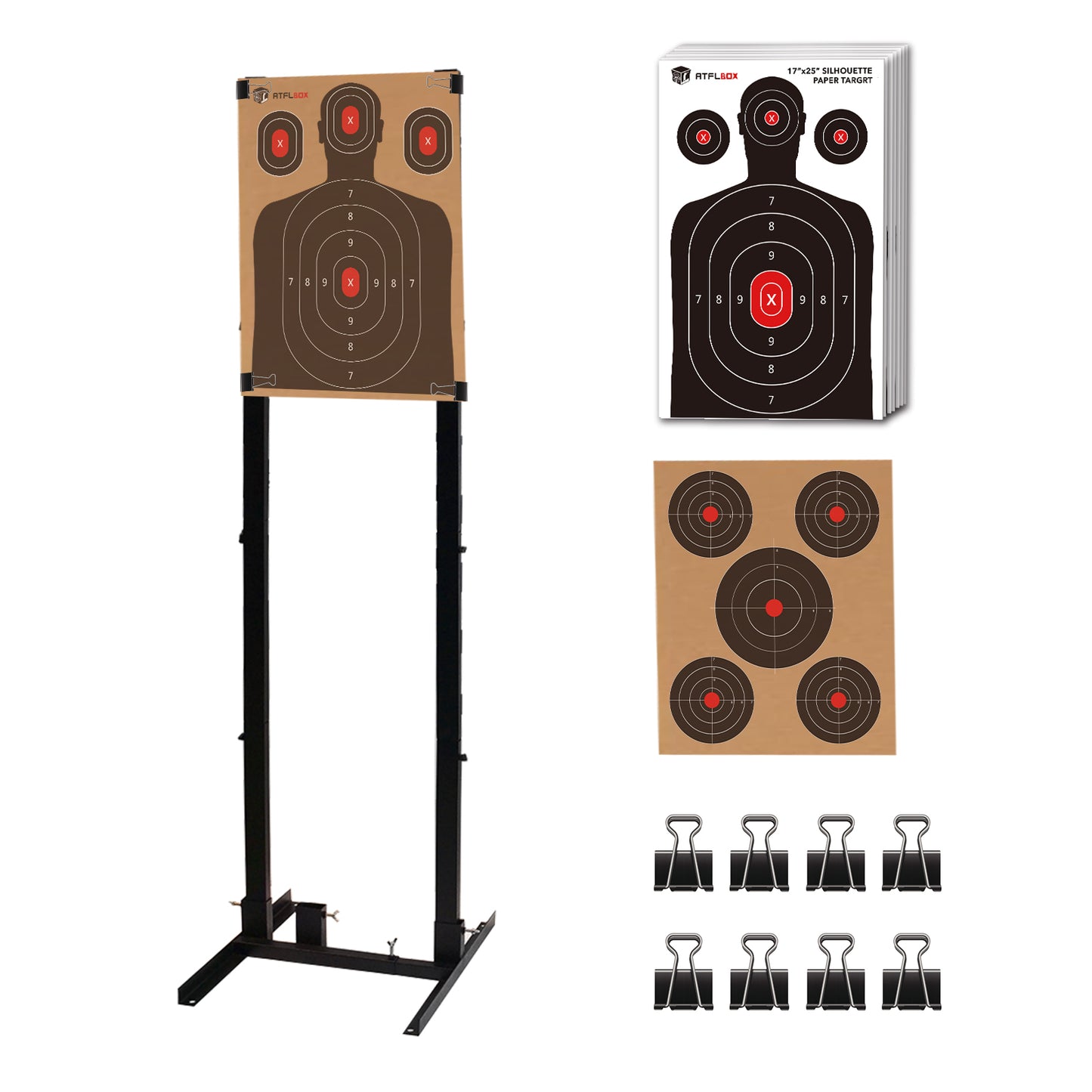 Atflbox Shooting Target Stand with 10pcs 17x25 Inch Paper Targets, Durable Paper Target Holder with Stable Adjustable Base for Cardboard Silhouette, H Shape, USPSA/IPSC, IDPA Practice